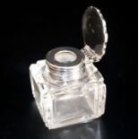 Silver Hinged Topped Cut Glass Inkwell, Pie Crust Top Fully Hallmarked