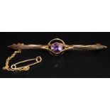 15ct Gold Antique Bar Brooch Set With A Central Amethyst