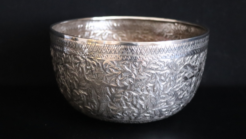 19thC Burmese Silver Bowl, Finely Embossed With Dancing Temple Girls