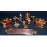 Mixed Copper Lot, To Include Planished Hinged Boxes, Arts & Crafts Plaque, Etc