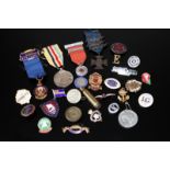 Box Containing A Selection Of Military Medals, Pins, Bullet Case, Etc