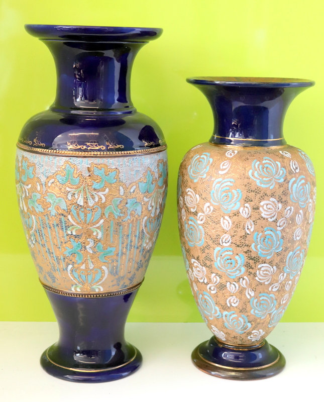 2 Large Royal Doulton Lambeth ware Tapestry Slater Patent Vases, Makers Initials Largest FG, Smalles