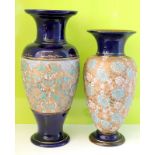 2 Large Royal Doulton Lambeth ware Tapestry Slater Patent Vases, Makers Initials Largest FG, Smalles