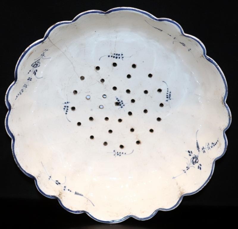 18thC French Pearlware Strainer, With Applied Blue Underglaze