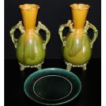 3 Pieces Of Antique Green Glazed Pottery Comprising A Linthorpe