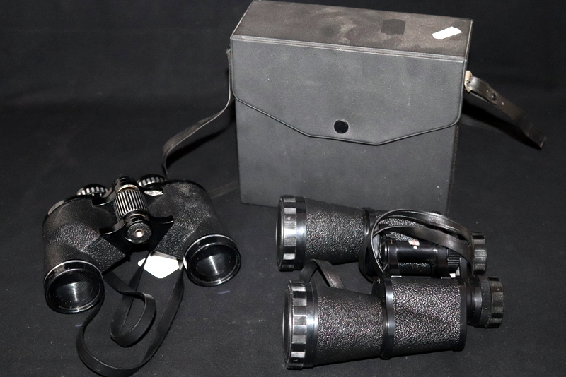 Two Pairs Of Binoculars; One Encased, Chinon And Mark Scheffel