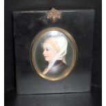 19thC Oil On Porcelain Depicting A Continental School Lady In White Dress And Scarf Wearing A Cruci