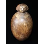 Small Egyptian Brown Limestone Canopic Jar, Ovoid Shape With Carved Hieroglyphics To Body And Carved