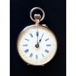 Ladies 14ct Gold Fob Watch, Enamelled Dial, Roman Numerals