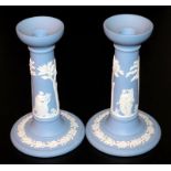 Pair Of Wedgewood Jasper Ware Candlesticks, 7 Inches Tall