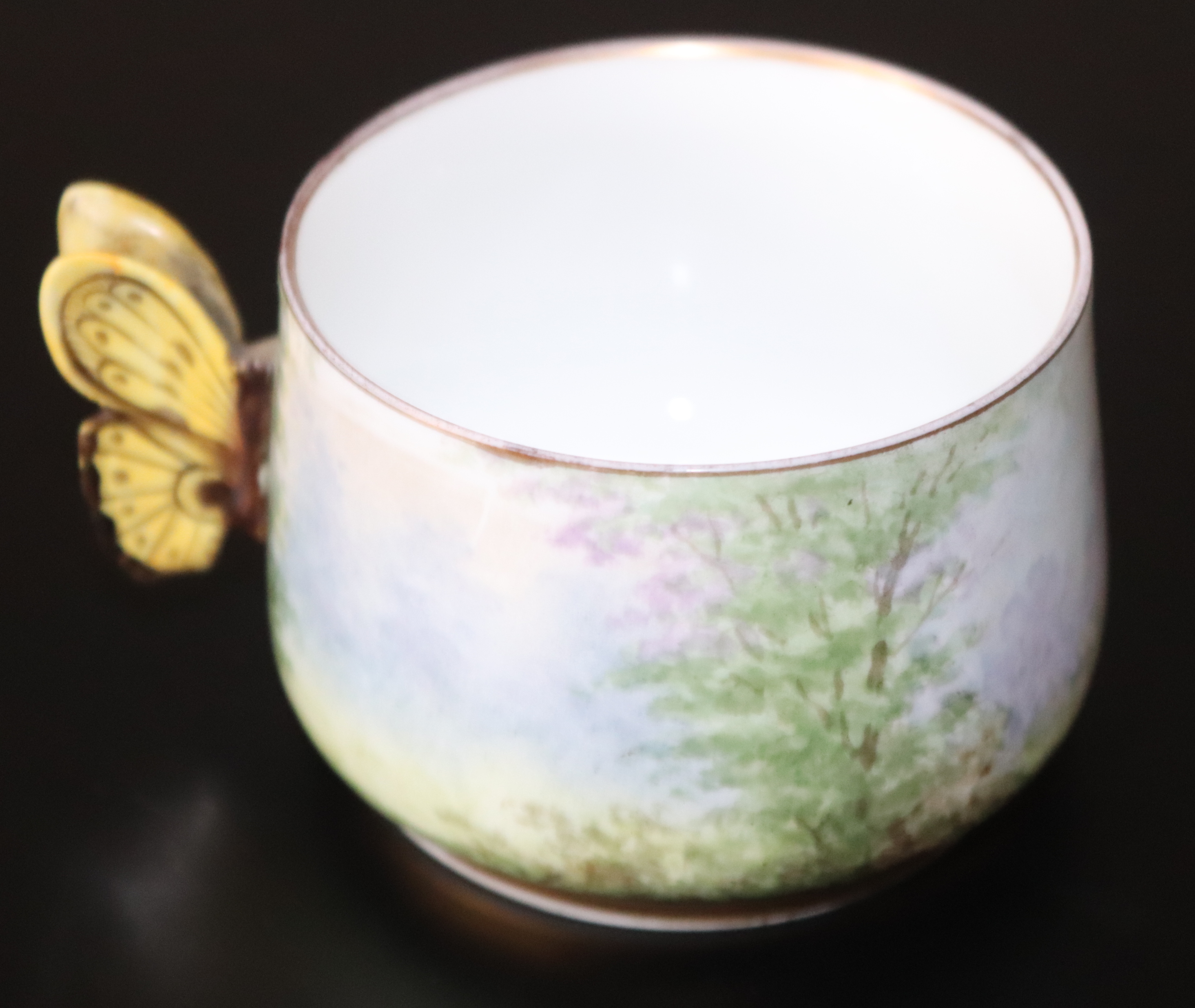 1884 French Exhibition Hand Painted Cup, With Continuous Landscape, Moulded Butterfly Handle, Marked - Image 2 of 3