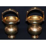 Pair Of Antique Brass Oriental Temple Incense Vases, Engraved