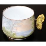 1884 French Exhibition Hand Painted Cup, With Continuous Landscape, Moulded Butterfly Handle, Marked