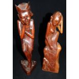 Pair Of Ethnic Wooden Statues, One Depicting A Woman Sat On