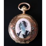 Late 19thC 18ct Gold Ladies Pocket Watch, Full Hunter With Inlaid Enamel