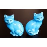 Pair Of Chinese Turquoise Glazed Republic Cats, Impressed Numbers To Base, Height 5.5 Inches