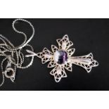 Ornate Silver And Blue John Cross On Chain, 41 x 28mm Including