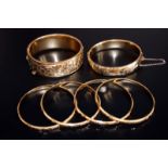 Collection Of Six Gold Plated Bangles, Two Hinged With Engraved Floral Decorated Fronts