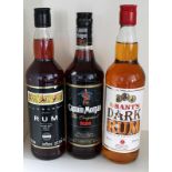 3 bottles of spirits to include: Captain Morgan Rum Grant's Dark Rum Lanbardi Dark Rum