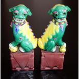 Pair Of Republic Period Foo Dogs, Enameled Decoration Raised On Square Bases, Height 10 Inches A/F