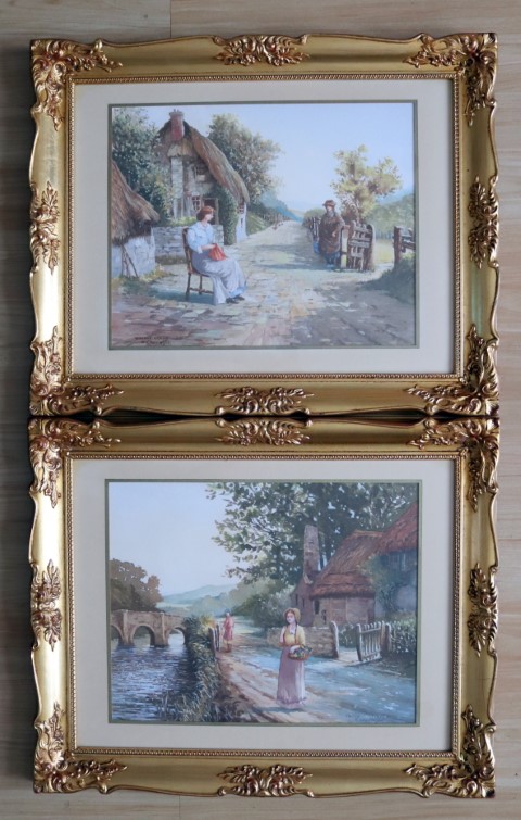Pair Of Framed Watercolours, One Titled "The Village Gossi