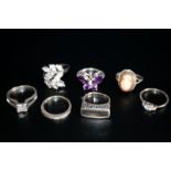 6 Silver Rings Ton Include Stone Set, Cameo, Abalone