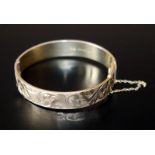 Silver Gilt Hinged Bangle, Chased Floral Decoration Throughout