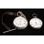 Two Silver Open Faced Pocket Watches, White Enameled Dials Roman Numerals With Subsidiary Seconds,