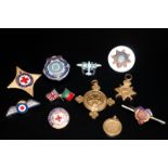 11 Assorted Military Interest Badges, Some Enameled, Yellow Metal, R.A.F, Red Cross etc