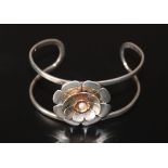 Silver Cuff Bangle With Stylised Daisy With Central Pearl