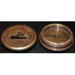 Brass Cased Compass, Top And Inside Lid Engraved W