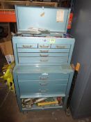 Sears Tool Box with Contents: Screw Drivers, Grease guns, Breaker bar, Wire brush, Hammers,