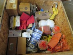 Safety Supplies. Lot: (1) crate of assorted safety supplies, Ear plugs, Safety Glasses, Hat hats,