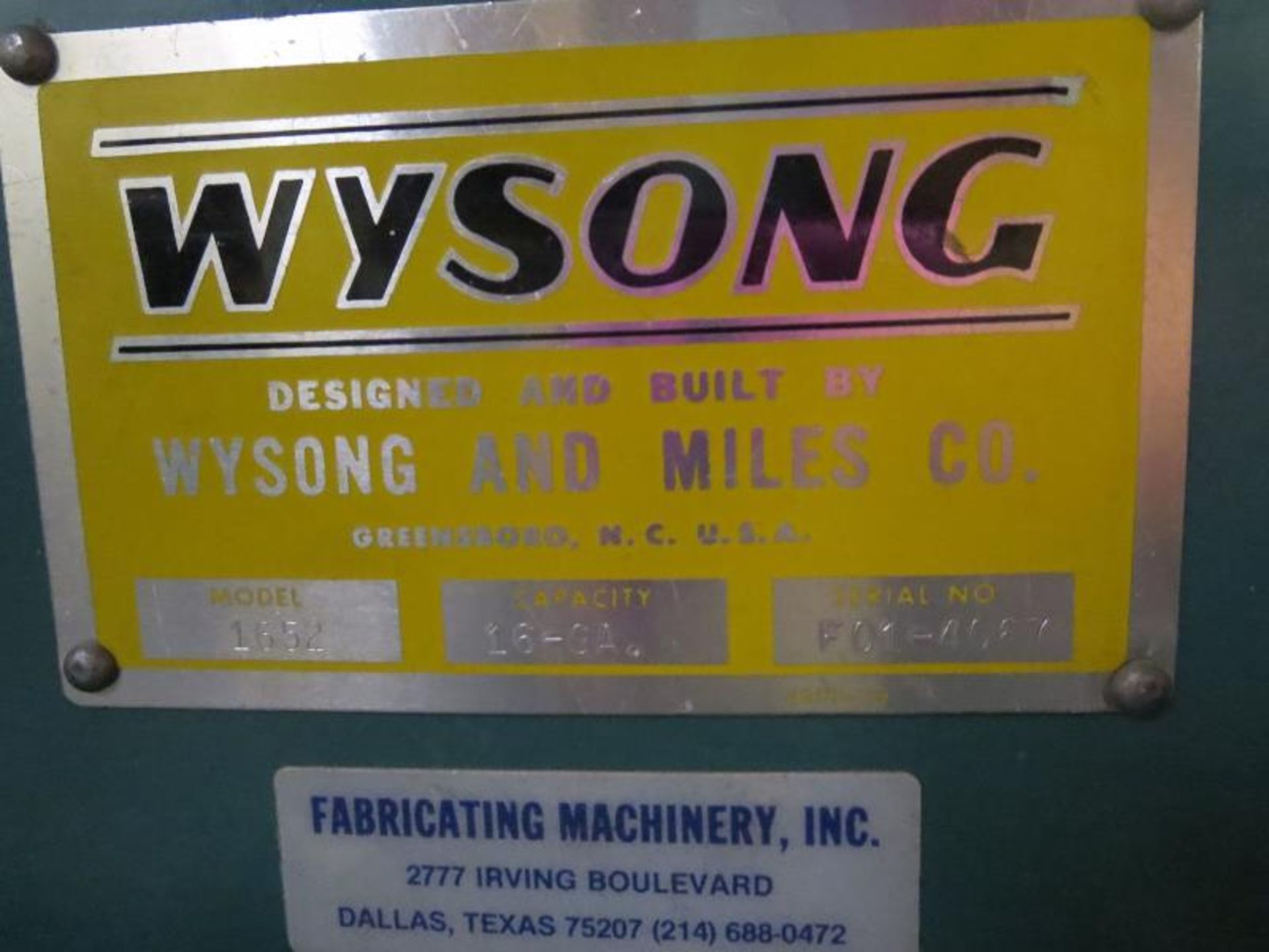 Wysong 1652 52" 16ga Manual Shear. SN# F01-4067. Hit # 2203683. Main Shop. Asset Located at 641 - Image 2 of 4