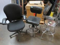 Lot: (2) Shop Stools & (1) Office Chair. Hit # 2203634. North Wall. Asset Located at 641 Industrial