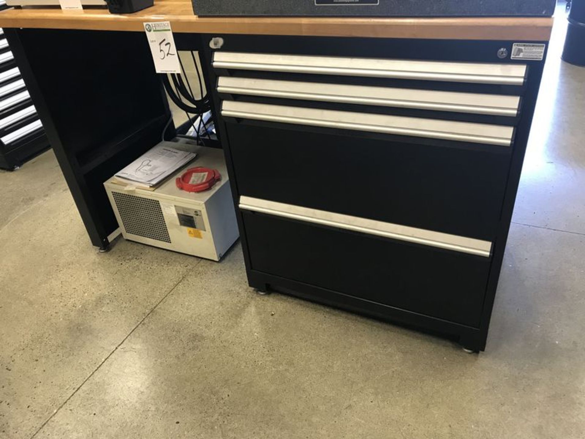 Rousseau 4-Drawer Cabinet/Wood Top Desk. 72" x 27" butcher block desk top, no contents. Main Bay.