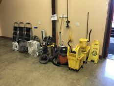 Shop Accessories. Large Lot of shop vacs, step ladders, fans, space heaters, mop buckets, caution