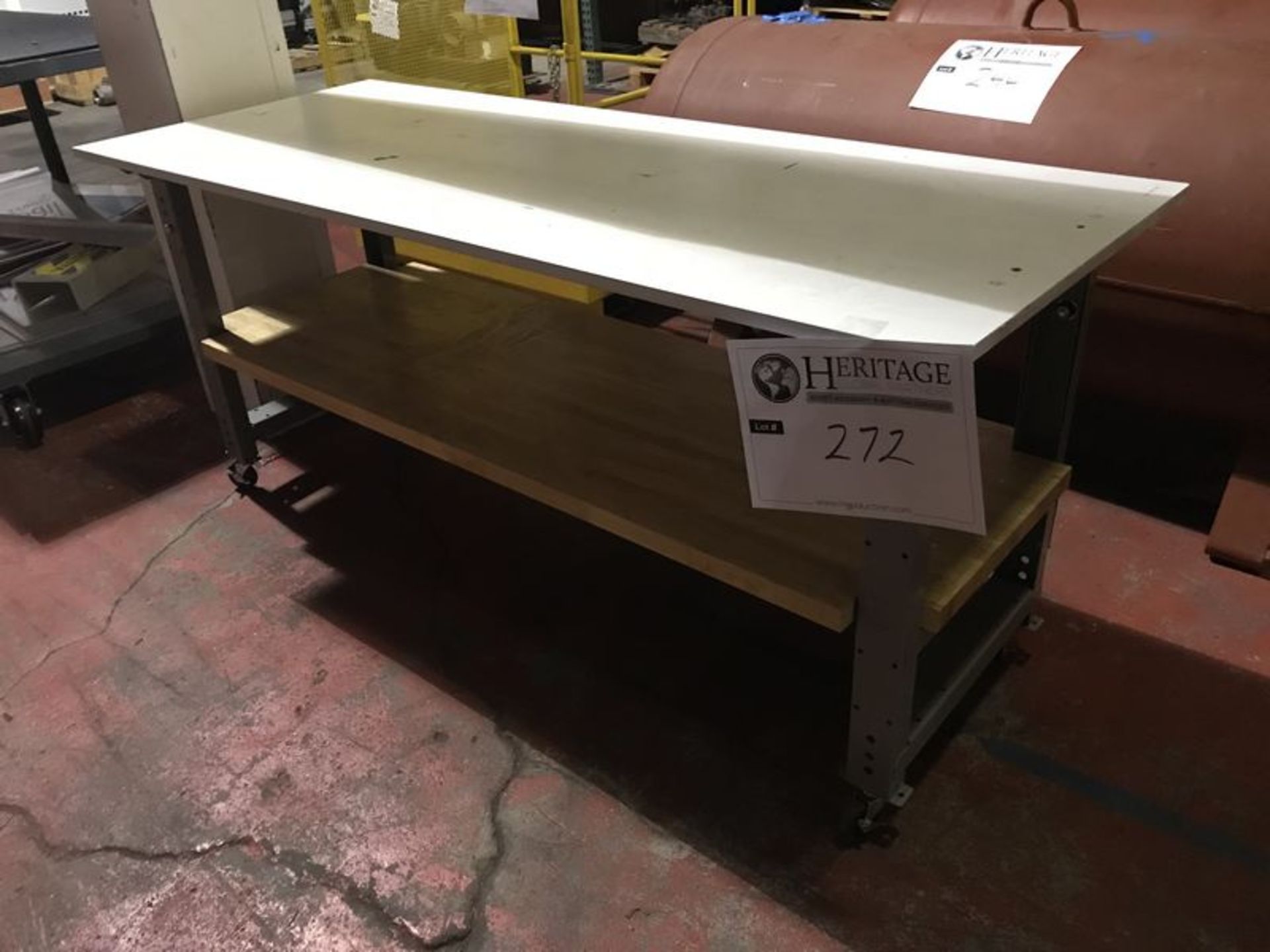 Rolling Table, 76" x 30" with butcher block lower shelf on casters. Main Bay. Asset Located at 914