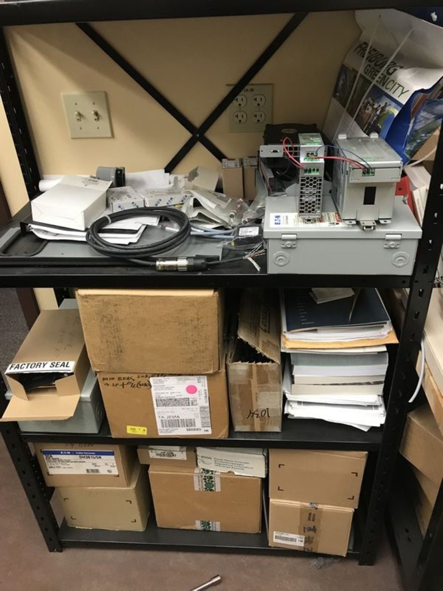 Contents of Electrical Supply Room. Contents of room to include: 72" x 30" butcher block desk with - Image 13 of 32