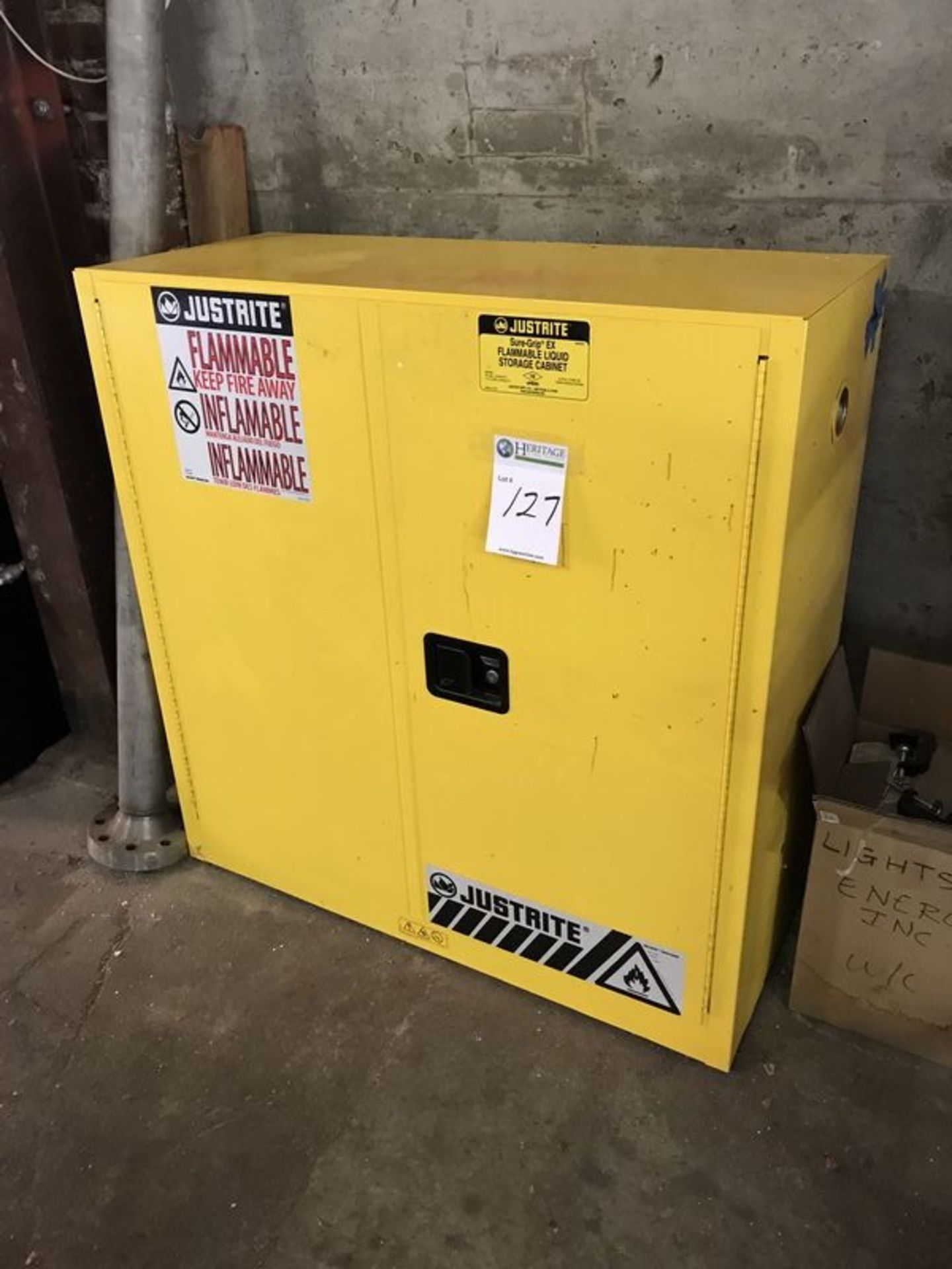 Justrite Sure-Grip EX Flammable Liquids Cabinet, 30 gallon capacity. Shop Area. Asset Located at 914