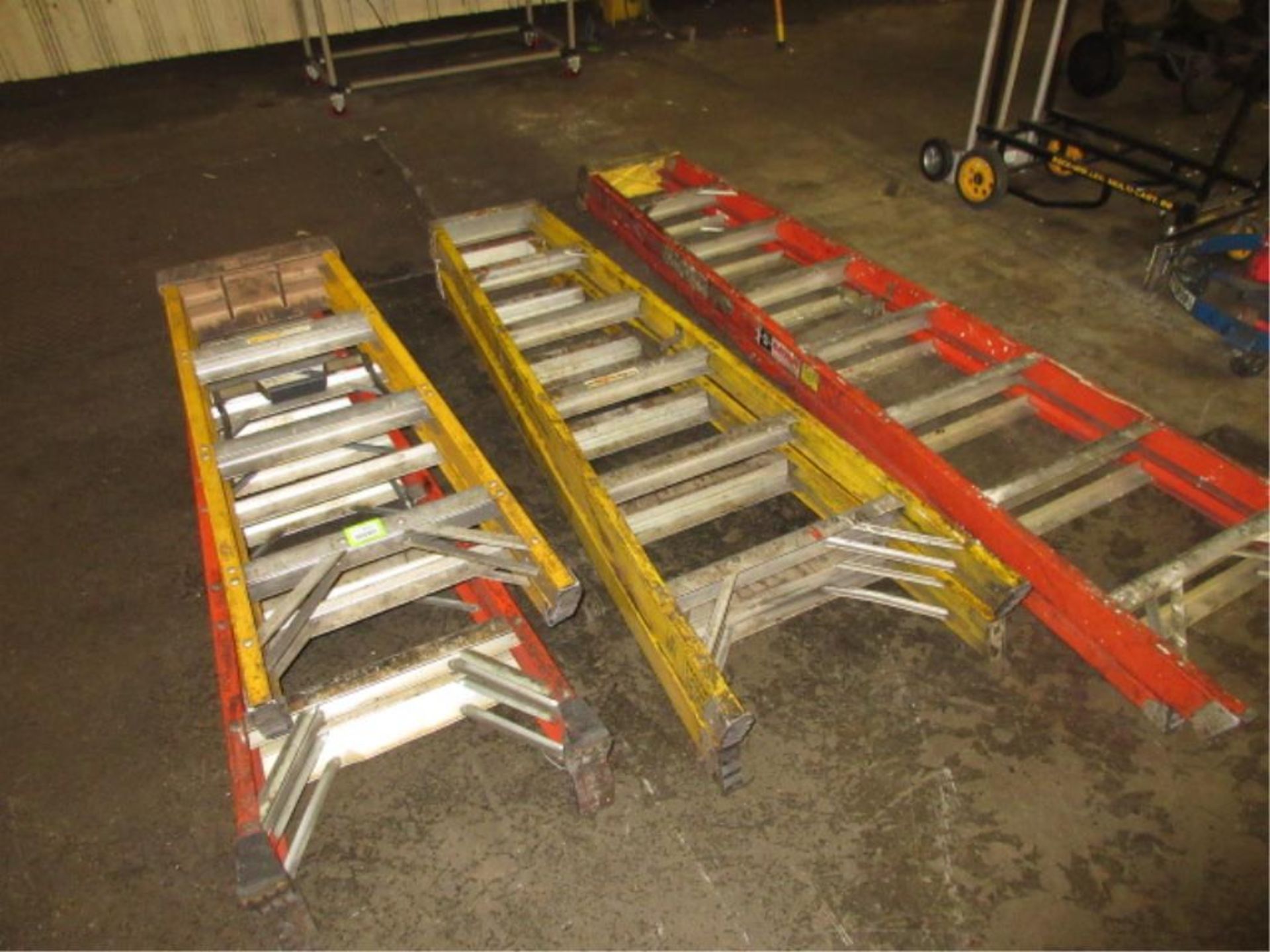 Shop Ladders. Lot (4) Assorted Fiberglass Step Ladders, 4' to 8'. HIT# 2179053. Loc: main floor.