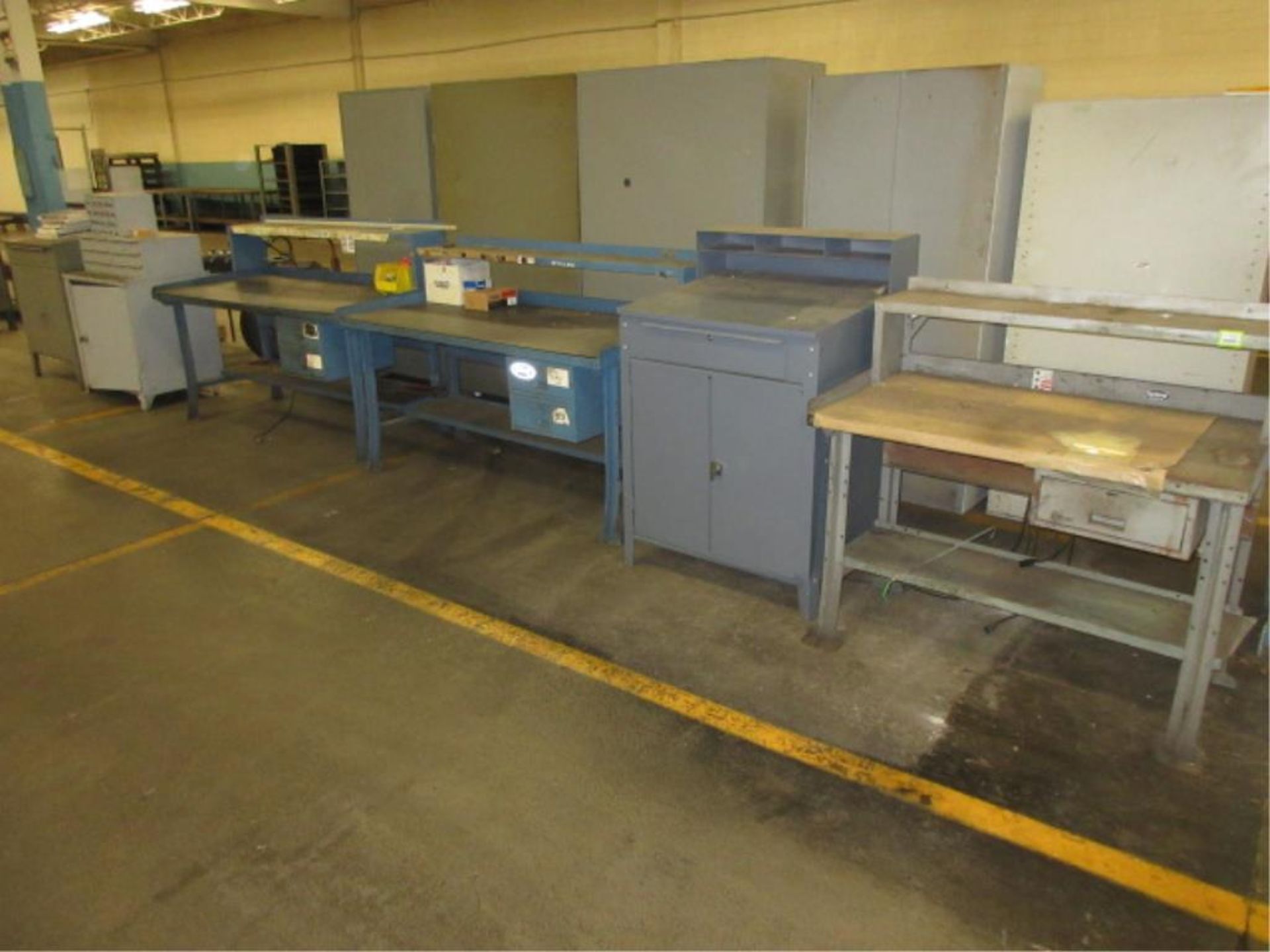 Shop Furniture. Lot (6pcs) Shop Furniture, includes (3) workbenches & (3) cabinets. HIT# 2179040.