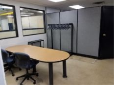 Office Furnishings. Lot Office Furnishings in one room, includes: (3) partitioned offices, desks,