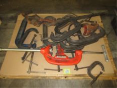 Shop Tools. Lot Shop Tools, includes: (1) Ridgid pipe cutter, (1) pipe wrench & (10) assorted C-