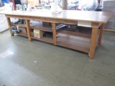 Wood Work Table, Approx. 11 1/2' x 4' x 3'H. HIT# 2174385. Back Production Line. Asset Located at
