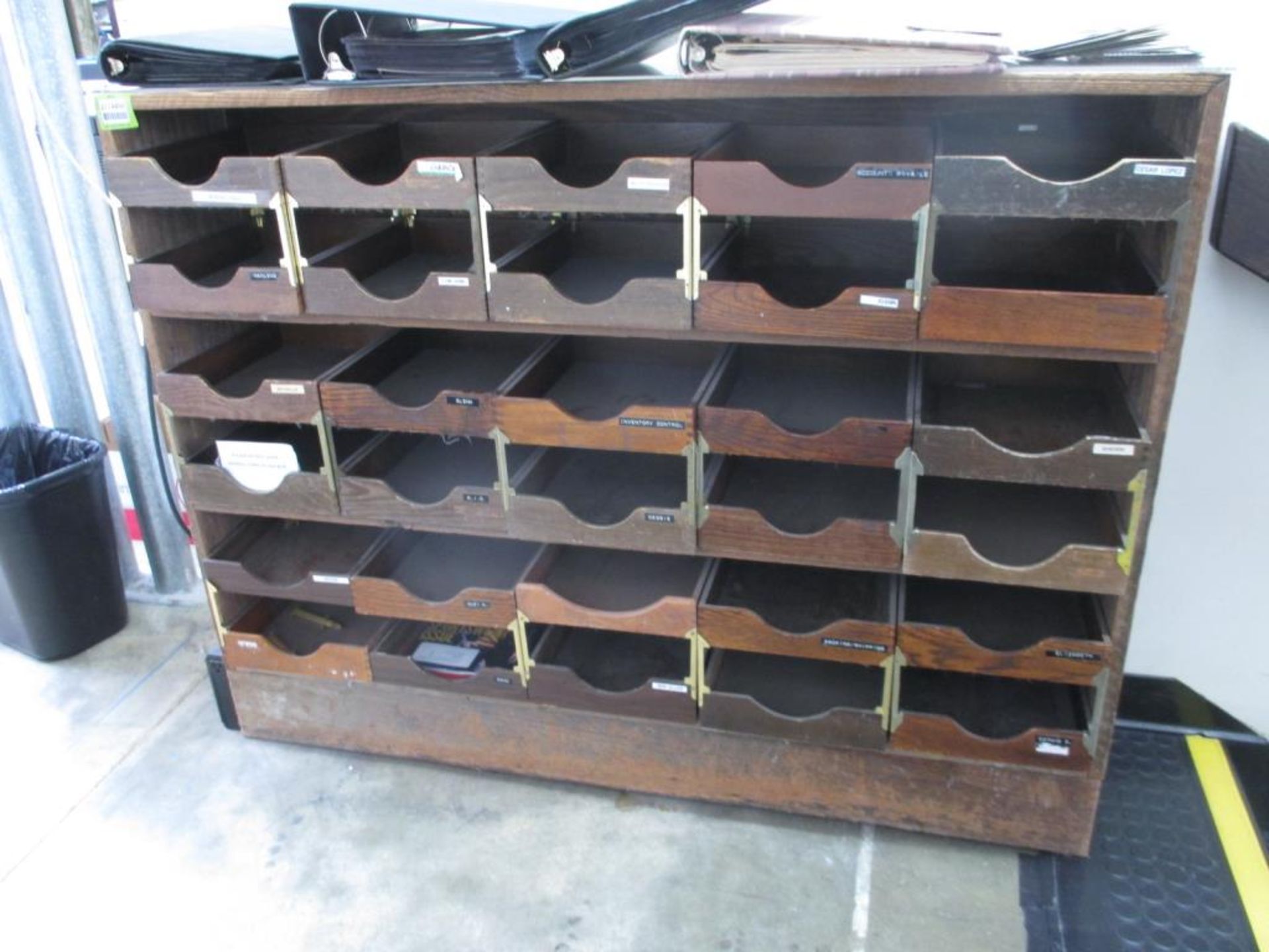 Wood Mail Receptacle, 30 Mail Trays. HIT# 2174451. Front Production Line. Asset Located at 2901