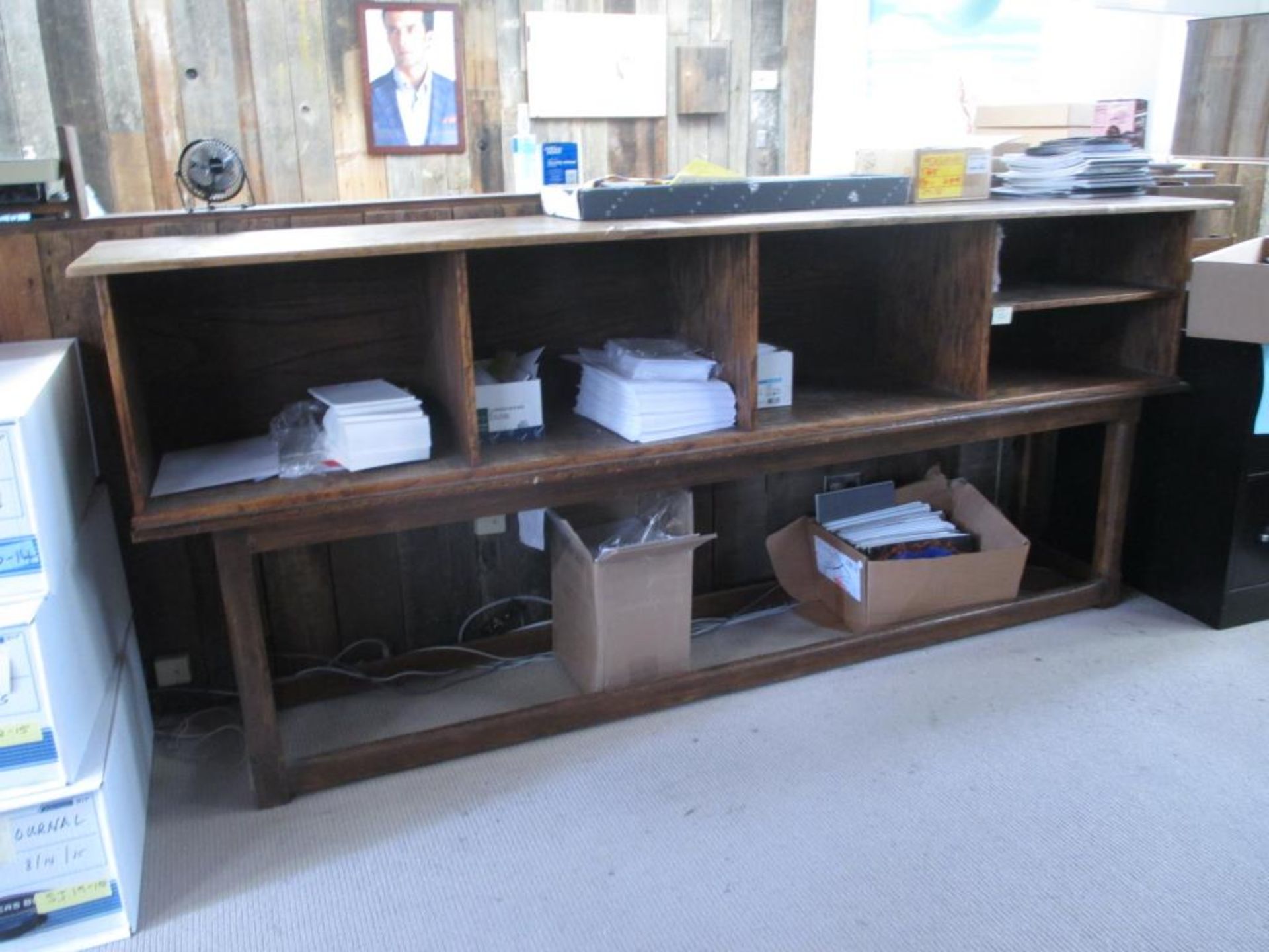 Table with Wood Storage Bins (2 Pcs). HIT# 2174448. Front Office. Asset Located at 2901 Salinas
