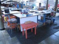 Small Tables with Stools. Lot: (4) 4' x 4' x 3' Tables with Stools and (4) Red Tables. HIT# 2174257.