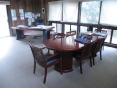 Office Desk and Conference Table and Chairs, File Cabinet, (4) Cabinets, Shelving Unit. HIT#