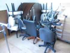 Lot: Qty (10) Approx. 54" Round Tables and (12) Assorted Chairs. HIT# 2174436. Back Production 2nd